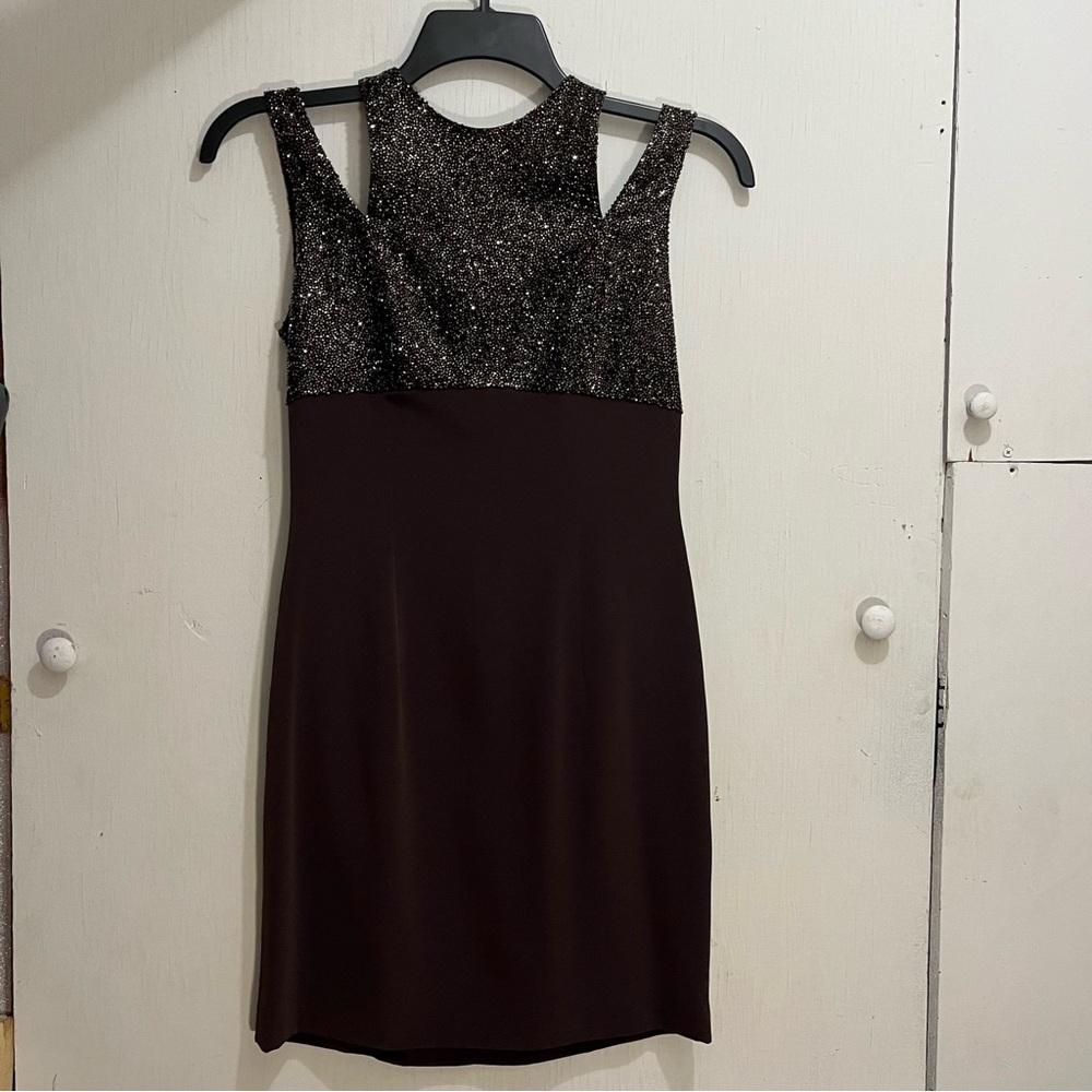 Oleg Cassini Black Tie: Beaded Brown Cocktail Dress